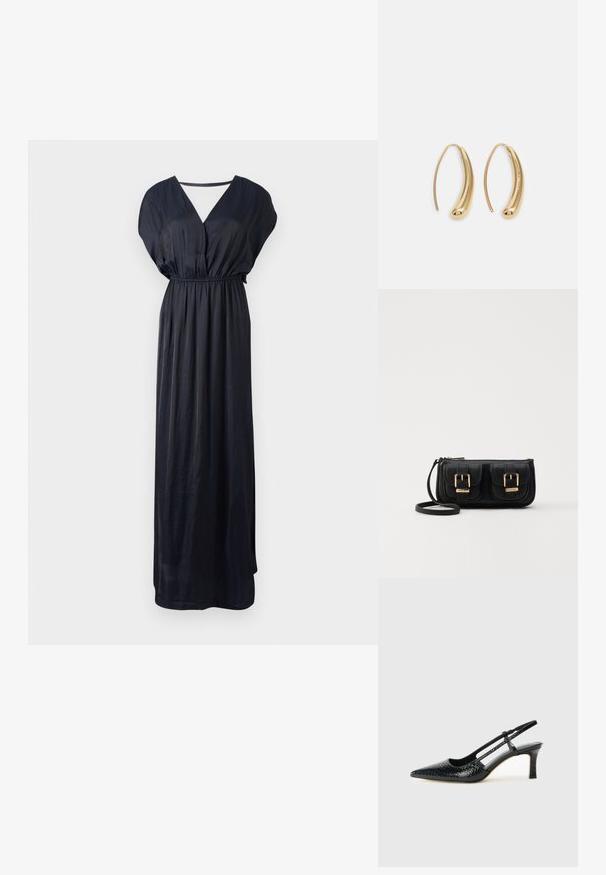 Mustmust pikk kleit sujuvast kangast, millel on V-kaelus, lühikesed vleesärgid ja elastne vöökoht mugavaks istuvuseks.; Mustmust paelad, millel on terav varvas, tekstuuriga maduprindiga, reguleeritav rihm ja lühike tekstuuriga plokknina.; Must küllastamata nahast õlakott, millel on kaks esist nähtavat taskut, kuldsed pandlad, tõmblukuga sulgemine ja peen rihm. Tekstuuriga pind ja kompaktne ristkülikukujuline kuju.; Kuldtoonilised metallist rõngas kõrvarõngad, millel on kõver ja piklik kuju. Omavad siledat, läikivat pinda ja ümarat tipptugevdust, mis lisab detaili.