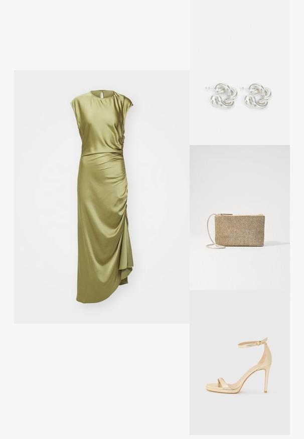 Tiger of Sweden IVOANA - Juhlamekko - late summer; Kultaiset metalliset korkokengät avonaisella kärjellä, nilkkaremmi soljella ja korkea pohja lisäkorkeutta varten. Suora pinta.; Loeffler Randall YASMINE FLAT CLUTCH - Olkalaukku - gold; Hopeat rengaskorvakorut, joissa on kierretty ketjudesign, sileä pinta ja heijastava viimeistely, kiinnitetään tappikiinnityksellä.