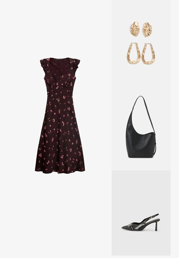 Tmavě hnědé šaty s krátkými volánkovými rukávy, květinovým vzorem s malými růžovými růžemi, vypasovaným živůtkem, splývavou sukní a kulatým výstřihem.; Černá lakovaná slingback obuv s špičatou špičkou, kotníkovými pásky s kovovými sponami a příslušenstvím, a štíhlým podpatkem.; Černá kožená hobo taška s hladkým povrchem, zakřiveným tvarem a jedním nastavitelným popruhem; má široké otevírání nahoře.; Náušnice ve zlatém tónu s texturovanými, vlnitými tvary. Obsahují sochařské klipy a design otevřeného kruhu s kladivkovým povrchem.