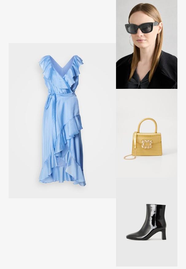 Vestido envolvente azul claro com mangas e barra com babados. Feito de um tecido suave, possui um cinto na cintura para ajuste.; Botim de tornozelo em pele sintética preta com bico apontado e salto bloco de altura média. Textura suave e design minimalista.; Óculos de sol pretos em formato de gato com lentes escuras, armações grossas e acentos subtis. Usados com um casaco preto e uma blusa cinza, apresentando cabelo longo e liso.; Bolsa amarela em pele de crocodilo falsa, com um design estruturado, pega no topo, alça de corrente removível e decoração de cristal no fecho.