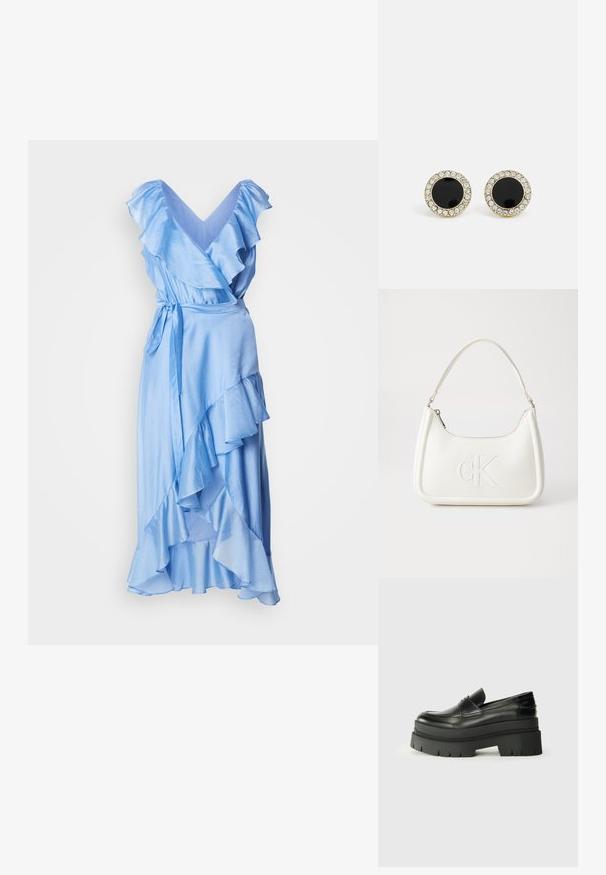 Rochie închisă albastră dintr-o țesătură netedă, cu mâneci și margine volan. Dispune de o curea cu nod în talie pentru o ajustare ușoară.; Loafers din piele neagră cu o talpă platformă masivă. Vârf rotunjit, detalii cu cusătura frontală și accente subtile de broderie. Talpă plată, texturată.; Geantă de umăr din piele albă cu formă curbată, având un logo "CK" embosat pe partea din față și un singur braț de umăr. Închidere cu fermoar în partea de sus.; DKNY INLAY STUD - Cercei - black/gold-coloured