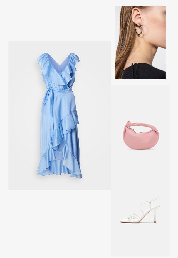 Rochie închisă albastră dintr-o țesătură netedă, cu mâneci și margine volan. Dispune de o curea cu nod în talie pentru o ajustare ușoară.; Sandale albe cu toc înalt, cu barete, bază plată pentru degete, față texturată cu accente strânse și o curea subțire la glezna.; Even&Odd Geantă de mână - pink; Cercel din argint cu un finisaj polișat, având detalii mici din aur și o formă rotundă, purtat pe lobul urechii.