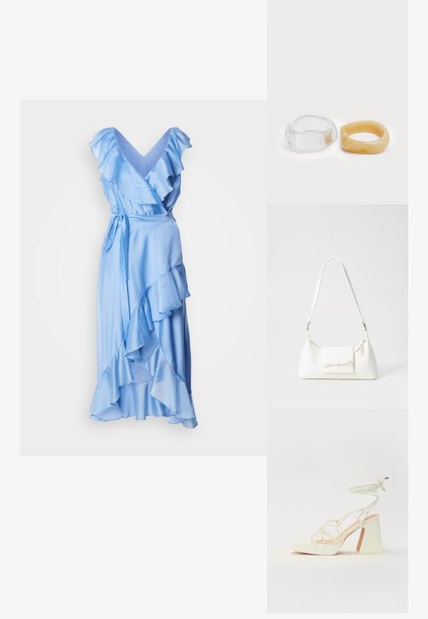 Svetlomodré obopínacie šaty s volánovými rukávmi a lemovaním. Vyrobené z hladkej látky, so šnúrkou na páse pre nastaviteľné prispôsobenie.; Biele sandále na vysokom opätku s hrubým podpätkom, s pruhovaným dizajnom a viazaním na členku. Hladký povrch s platformou vpredu pre zvýšenú výšku.; Biela syntetická kabelka s trojuholníkovým tvarom, plochým predným klapkou a detailom mašle, nastaviteľným popruhom, hladkou textúrou a minimalistickým dizajnom.; Priehľadné a jantárové prstene z živice, jeden je hladký a priesvitný, druhý má textúrovaný jantárový povrch. Obe sú zaoblené a robustné.