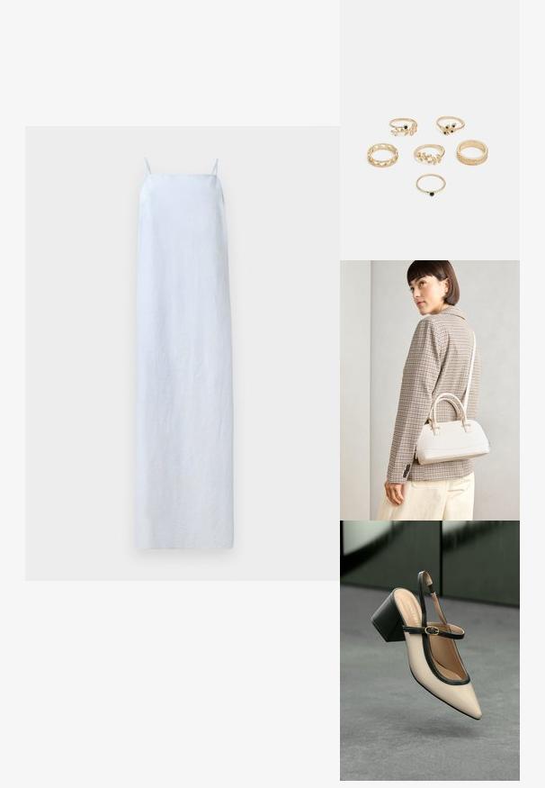 Vestido maxi azul claro, feito de um tecido suave. Apresenta alças finas e um design simples em corte reto, sem padrões ou adornos.; Sandal de biqueira pontuda em bege com acabamento preto, fivela dourada e um salto bloco sólido, em um chão cinza com fundo verde escuro.; Bolsa estruturada branca com alças curtas e uma alça de ombro, com detalhes em hardware dourado e material texturizado, exibida contra um fundo cinza.; Conjunto de seis anéis dourados com vários designs: trançados, com motivos de folhas e bandas sólidas; alguns com detalhes em pedras preciosas verdes.