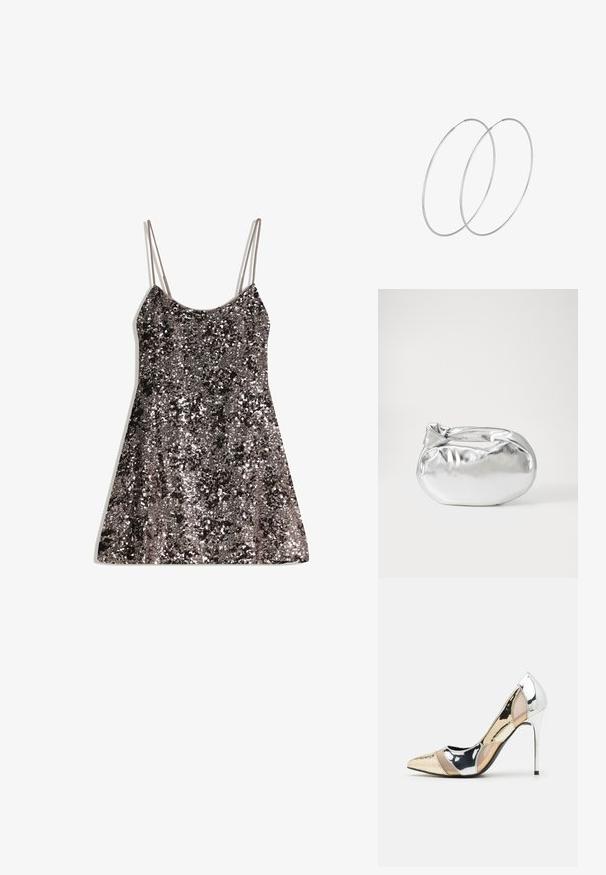 Sukně se štrasovými kamínky, s přiléhavým korzetem, rozšířeným lemem, tenkými ramínky a lesklou stříbrnou a tmavou šedou barevnou paletou.; Lodička s špičatou špičkou a kombinací stříbrné, zlaté a tělové barvy. Lesklý povrch s vykrojeným designem, s jehlovým podpatkem.; Stříbrná kovová taška s měkkým, zaobleným tvarem a uzávěrem s uzlem. Vyrobena z hladké umělé kůže.; Stříbrné kruhové náušnice s minimalistickým designem. Kruh, hladký povrch a tenký profil. Lehká konstrukce s lesklým povrchem.