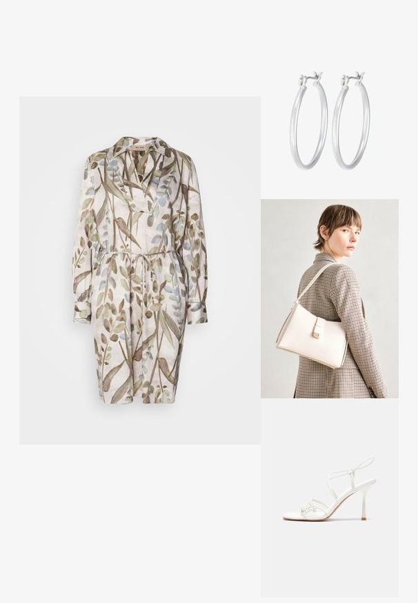 Šaty s kvetinovým vzorom z ľahkého materiálu, s golierom, opaskom v páse, dlhými rukávmi a akcentmi v odtieňoch zelenej, hnedej a modrej.; Biele sandále na vysokom podpätku so štíhlym remienkom okolo členku a plochou základňou na prsty, textúrovaný predok so zhluky akcentov.; Biely kožený kabelka so štruktúrovaným dizajnom, s magnetickým uzáverom a ramenným popruhom, vystavená na neutrálnom pozadí.; Strieborné kruhové náušnice s hladkým, lesklým povrchom. Kolový tvar a bezpečné klikanie na uzatváranie. Ľahký dizajn vhodný na každodenné nosenie.