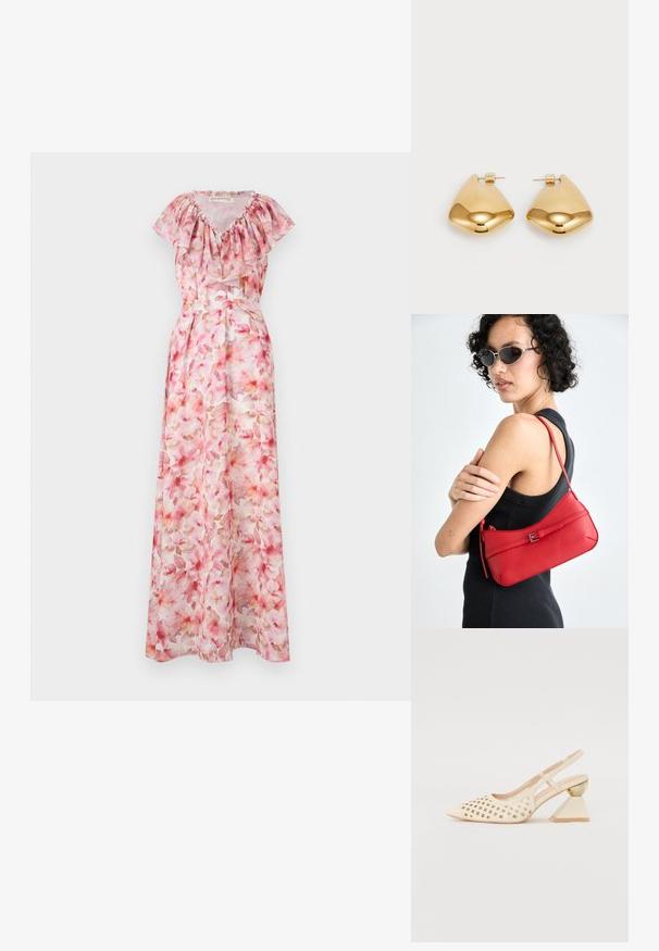 Květinové maxi šaty v růžových odstínech. Mají volánkový výstřih, krátké rukávy a přiléhavý pas. Vyrobeny z lehkého, průsvitného materiálu.; Krémové nazouvací boty s perforovaným svrškem, špičatou špičkou a kontrastním trojúhelníkovým podpatkem s zlatým akcentem. Celkově hladký povrch.; Červená kožená taška na rameno s hladkým povrchem, zakřiveným designem a dekorativní sponou. Nastavitelný popruh a zipové zapínání.; Náušnice z kovu ve zlatém tónu s hladkým, zaobleným trojúhelníkovým tvarem a designem na zadní upevnění; lesklý povrch s minimálními detaily.