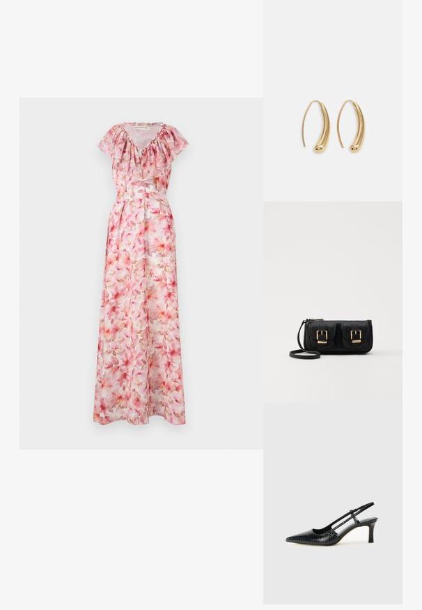 Floral maxi dress in pink hues. Features a ruffled neckline, short sleeves, and a fitted waist. Made of lightweight, sheer fabric.; Black patent slingback heel with a pointed toe, featuring textured snake print, adjustable strap, and a short, textured block heel.; Black leather crossbody bag with two front pockets, gold buckles, zipper closure, and a slim strap. Textured surface and compact rectangular shape.; Gold-tone metal hoop earrings with a curved, elongated shape. Features a smooth, shiny surface and a rounded tip for added detail.