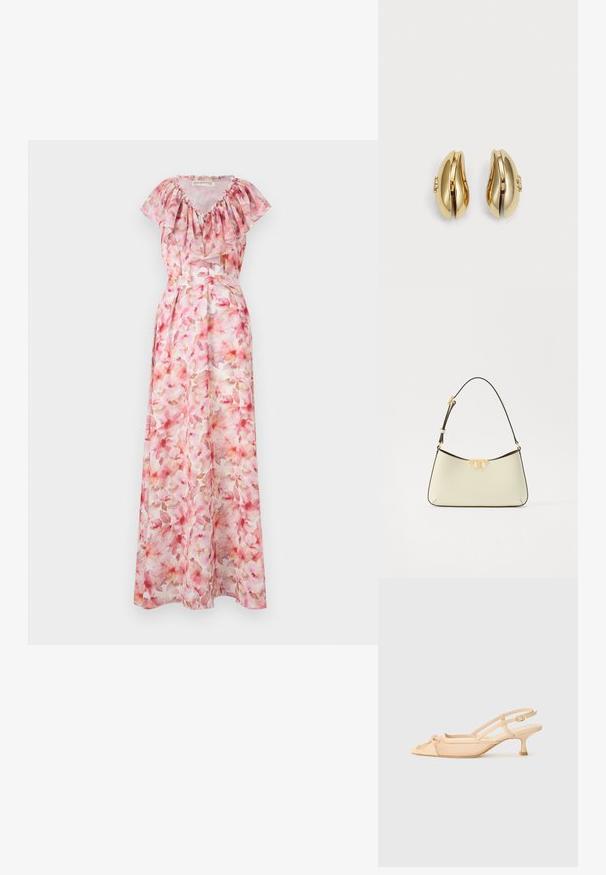 Virágos maxi ruha rózsaszín árnyalatokban. Ráncolt nyakkivágással, rövid ujjakkal és testhezálló derékrésszel büszkélkedik. Könnyű, áttetsző anyagból készült.; Stuart Weitzman KITTY - Klasszikus sarkú cipők - beige/barely beige; Krém színű bőrtáska ívelt formával. Aranyszínű logó díszítéssel és vékony, állítható sötét pánttal rendelkezik.; Aranyszínű fülbevalók, amelyek áramló, ívelt formájúak. Minden fülbevaló sima felülettel és egy kis kapoccsal rendelkezik, amely dekoratív részletet tartalmaz.