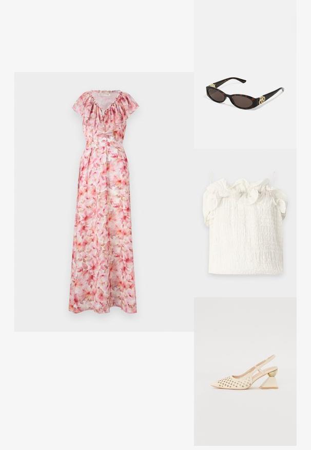 Kvetinové maxi šaty v ružových odtieňoch. Majú volánový výstrih, krátke rukávy a priliehavý pás. Sú vyrobené z ľahkej, priesvitnej látky.; Hofmann Copenhagen EXCLUSIVE GENEVIVE - Top - off white; Béžová sandálová obuv na podpätku s perforovaným zvrškom, špicatou špičkou a kontrastným trojuholníkovým podpätkom s zlatým akcentom. Hladká textúra celkovo.; Slnkové okuliare v korytnačkovom dizajne s predĺženými oválnymi šošovkami, hnedým tónovaním, zlatými logovými akcentmi na spánkoch a elegantnými čiernymi ramenami.; Biela kvetinová taška s nariaseným textilným povrchom, zlatým reťazovým popruhom a kovovým zámkom. Obsahuje textúrované okvetné lístky pre väčší detail.