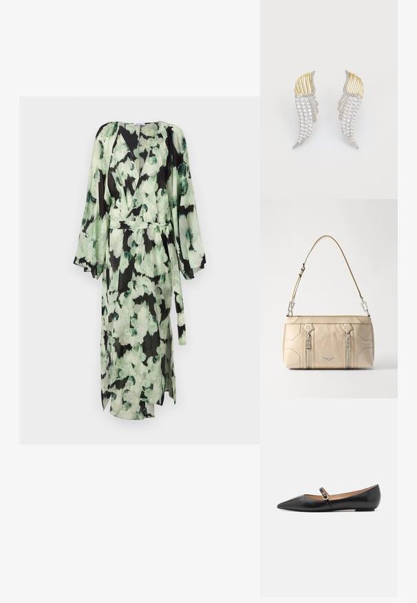 Μακρύ φόρεμα σε πράσινο και μαύρο μοτίβο από ελαφρύ ύφασμα, με V-λαιμόκοψη, φαρδιά μανίκια και ζώνη στη μέση που δένει για προσαρμοσμένη εφαρμογή.; Μαύρα δερμάτινα μπαλαρίνας με μυτερή μύτη και πλαϊνό λουράκι που διαθέτει κυκλική χρυσή λεπτομέρεια. Ελαφριά με επίπεδη σόλα.; Μπεζ δερμάτινη τσάντα χειρός με ασημένιες λεπτομέρειες, δύο πλευρικούς φερμουάρ, δομημένο σχέδιο και αποσπώμενο λουρί για ευελιξία.; Δύο σκουλαρίκια σε σχήμα φτερών, κατασκευασμένα από μέταλλο σε ασημένιο τόνο με διαυγείς, στρογγυλούς ροζέτες και χρυσές μεταλλικές λεπτομέρειες σε στρωματοποιημένο σχέδιο.