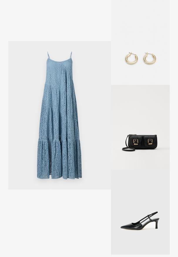 Sinine pitsiline maksikleit reguleeritavate spagetti rihmadega, A-line kujuga, kihiline volangäär, keeruline lillemuster ja läbipaistev tekstuur.; Mustmust paelad, millel on terav varvas, tekstuuriga maduprindiga, reguleeritav rihm ja lühike tekstuuriga plokknina.; Must küllastamata nahast õlakott, millel on kaks esist nähtavat taskut, kuldsed pandlad, tõmblukuga sulgemine ja peen rihm. Tekstuuriga pind ja kompaktne ristkülikukujuline kuju.; Lauren Ralph Lauren BASIC SMALL HOOP - Kõrvarõngad - gold-coloured