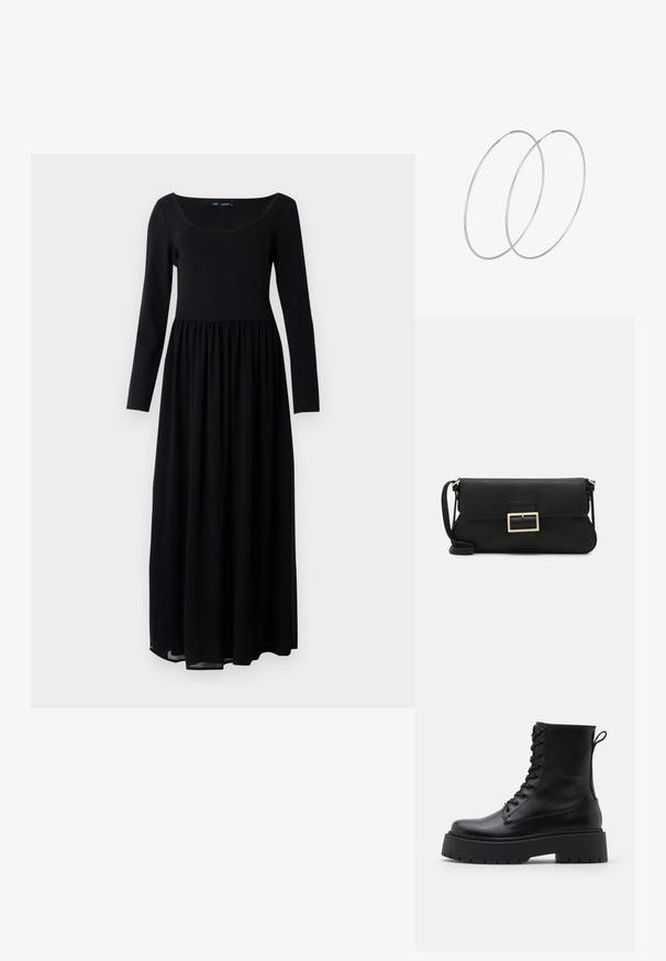 Černé maxi šaty s dlouhým rukávem, přiléhavým živůtkem a nařaseným pasem, vyrobené z hladkého, lehkého materiálu, s širokým kulatým výstřihem.; Černé kožené kotníkové boty s kulatou špičkou, šněrováním na přední straně a silnou gumovou podešví s texturovaným vzorkem. S poutkem vzadu.; Černá kožená psaníčko s klopou a zlatým kovovým detailním sponou. Součástí je černý popruh a elegantní, minimalistický design.; Stříbrné kruhové náušnice s minimalistickým designem. Kruh, hladký povrch a tenký profil. Lehká konstrukce s lesklým povrchem.