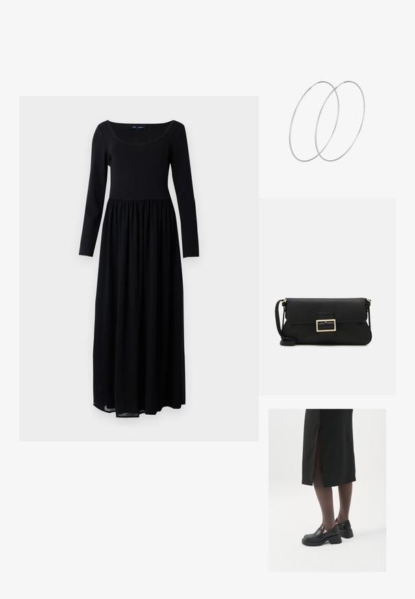 Melna maxi kleita ar garām piedurknēm, pieguļoša augšdaļa un savākta josta, izgatavota no gludas, vieglas auduma, ar plašu izgriezumu.; Melni ādas apavi ar noapaļotu purngalu, biezām bloku papēžiem un elastīgiem sānu akcentiem, apvienoti ar tumšām zeķubiksēm un melnu svārku ar šķirbu.; Melnas ādas saķeres soma ar atloku un zelta metāla sprādzi. Ietver melnu siksnu un elegantu, minimālistisku dizainu.; Sudraba gredzenveida auskari ar minimālistisku dizainu. Cirkulāra forma, gluda tekstūra un plāns profils. Vieglu svaru ar spīdīgu apdari.