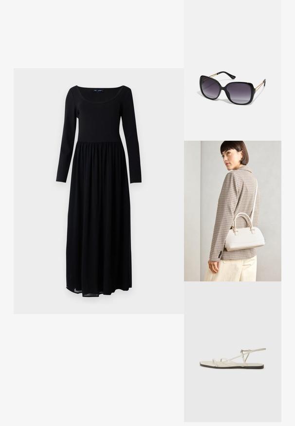 Robe maxi noire à manches longues avec un corsage ajusté et une taille froncée, fabriquée dans un matériau lisse et léger, présentant une encolure dégagée large.; Sandale plate beige avec plusieurs fines lanières et une boucle réglable. La semelle est plate avec un léger contraste sombre sur le bord.; Lunettes de soleil noires surdimensionnées avec des verres dégradés, monture épaisse et détails en chaîne dorée sur les branches.; Sac à main structuré blanc avec de courtes poignées et une bandoulière, doté de accents en métal doré et d'un matériau texturé, présenté sur un fond gris.