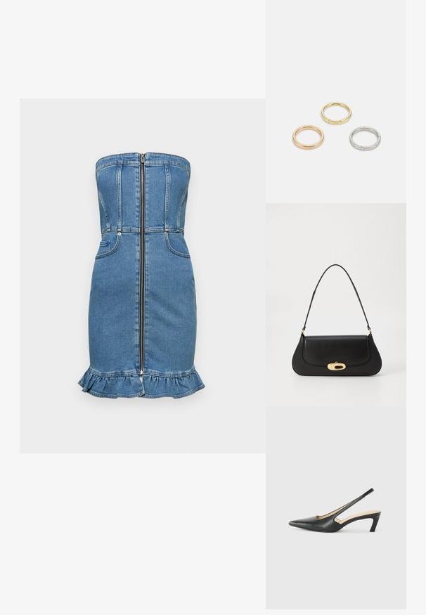 Jeans anyagú, pánt nélküli ruha, testhez simuló felsőrésszel, elöl cipzárral és bővülő fodros szegéllyel. Klasszikus kék színű, valamint két oldalsó zsebvel rendelkezik.; Fekete, hegyes orrú, slingback cipő alacsony sarkával, sima bőrből készült, oldalt kivágott deisgnal a légáteresztőképesség érdekében.; Fekete bőr táska ívelt kialakítással, arany színű fémrészletekkel és felső fogantyúval. Csúszásmentes záródás és sima textúra jellemzi.; Három fémgyűrű: az egyik rose gold, a másik texturált akcentusokkal ellátott arany, a harmadik pedig ezüst, mindegyiken gravírozott márkajelzés található a belső sávon.
