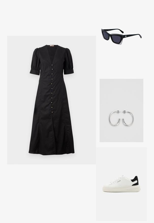 Fekete midi ruha V nyakkivágással és puffos rövid ujjakkal, elöl arany gombsorral és elülső hasítékkal.; Fehér bőr sportcipők vastag fehér talppal, fekete velúr sarokpikkelyel és dombornyomott logóval az oldalon. Fűzős kialakítás, hat fűzőlyukkal.; Fekete, nagyméretű napszemüveg geometrikus formával, sötét lencsékkel és kontrasztos szürke részlettel a kereten. Logó a szárán.; Ezüst karika fülbevalók sima, fényes felülettel, ívelt formával és postazáras zárral. Minimalista, modern kivitel.