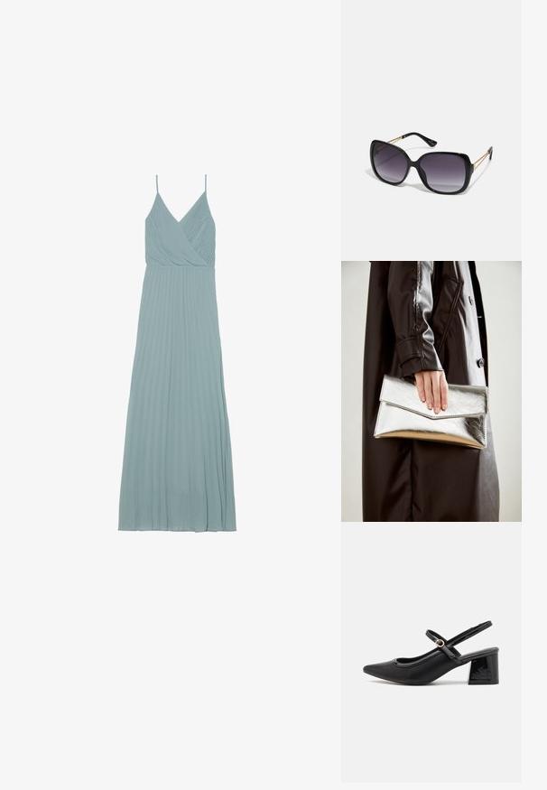 Light blue pleated dress with a wrap design, thin straps, and a flowing silhouette, made from a lightweight fabric.; Black patent leather slingback heels with a pointed toe, a rounded cutout design, and a block heel. Features a gold-tone buckle accent.; Black oversized sunglasses with gradient lenses, thick frames, and gold-tone chain detailing on the temple arms.; Silver metallic clutch with an angular envelope design, smooth texture, and contrasting interior color, held in a hand wearing a black coat.
