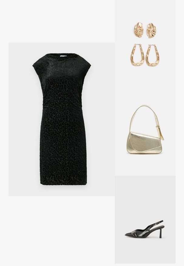 Vestido de veludo preto com um padrão de estampa de onça, com mangas curtas, decote redondo e um design ajustado para uma silhueta elegante.; Sapato slingback preto em pele patentada com bico apontado, tiras no tornozelo apresentando fivelas e acessórios prateados, e um salto elegante.; Bolsa de mão metálica dourada com um design estruturado, textura suave e alça ajustável. Apresenta uma forma triangular única e costura minimalista.; Brincos em tom de ouro com formas onduladas e texturizadas. Inclui studs escultóricos com presilha e um design de argola aberta com um acabamento martelado.
