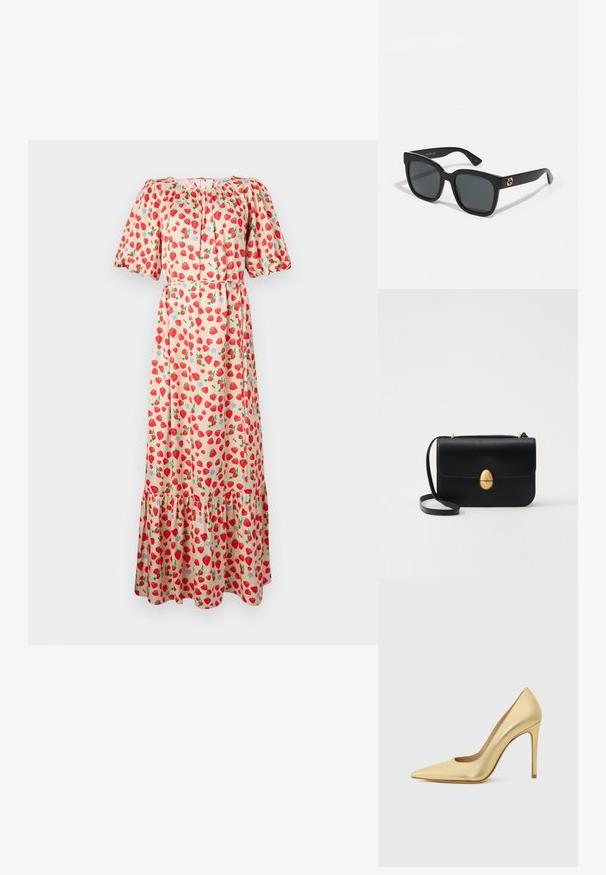 Rochie maxi cu mâneci scurte tip puff, realizată dintr-un material ușor, cu un print de căpșuni pe un fundal bej și cu un tiv volănaș.; Pantof cu toc înalt de tip stiletto, vârful ascuțit, de culoare auriu metalizat, prezentat din lateral pe un fundal deschis și simplu.; Ochelari de soare negri cu lentile rectangulare, având o finisare lucioasă și accente cu logo de aur pe brate. Lentilele de culoare gri închis oferă protecție UV.; Geantă de mână din piele neagră, cu o formă rectangulară structurată. Are un capac oval auriu și o curea subțire pentru umăr. Textură netedă.