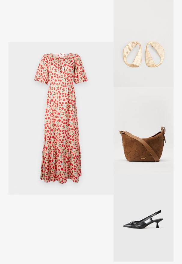 Maxi kleit lühikeste puffvarrukatega, kerge kangaga, millel on maasika muster beezil taustal ja volangiga redu.; Must must have must toote tõmblukuga, dekoratiivsed rihmad metallist silmadega ja madal blokk-kand. Tekstureeritud pind.; Pruun sametist õlavarre kott, millel on reljeefne lillemuster, mida täiendab sile pruun nahast rihm ja kuldse tooni lisandid.; Eba paar eba ebaorditud ovaalkujulisi kuldehhe kaal setertu, kerge keersuju pinnaga valgel taustal.