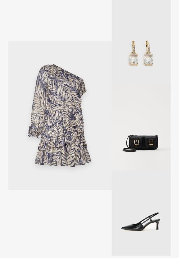 Rochie cu un umăr, confecționată dintr-o țesătură transparentă cu un model de frunze în nuanțe de albastru și bej, având detalii plisate și o margine ondulată.; Pantofi cu toc slingback negri din patent, cu vârf ascuțit, cu imprimeu de șarpe texturat, curea ajustabilă și toc scurt texturat.; Geantă neagră din piele, tip crossbody, cu două buzunare frontale, catarame aurii, închidere cu fermoar și o curea subțire. Suprafață texturată și formă rectangulară compactă.; Cercei aurii care prezintă un cristal clar, rectangular, suspendat sub un rând de accente mici, rotunde, clare. Design elegant și modern.