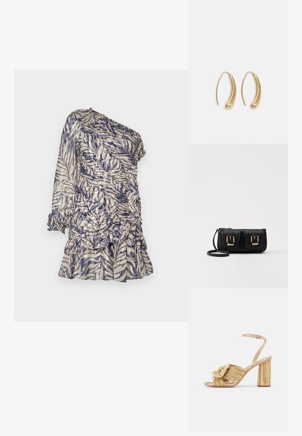 Haljina s jednim ramenom izrađena od prozirnog materijala s plavim i bež uzorkom lišća, s nabranim detaljima i volanima na rubu.; Zlatne sandale s potpeticom, s čvorastim prednjim dijelom, nabranom teksturom i remenom oko gležnja. Blok-potpeta ima rebrasti dizajn koji poboljšava prianjanje.; Crna kožna torba preko ramena s dva prednja džepa, zlatnim kopčama, zatvaranjem na zip i uskim remenom. Teksturirana površina i kompaktan pravokutan oblik.; Zlatne metalne naušnice u obliku obruča s zakrivljenim, izduženim oblikom. Imaju glatku, sjajnu površinu i zaobljeni vrh za dodatni detalj.