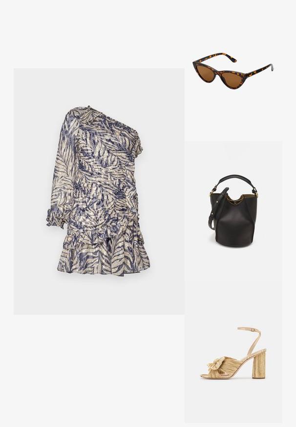 Jednooký šaty z priesvitnej látky s modro-bežovým listovým vzorom, so zvrásnenými detailami a volánovým lemom.; Zlaté sandále na podpätku s uzlom vpredu, s plisovanou štruktúrou a remienkom okolo členka. Blokový podpätok má ryhovaný dizajn, čo zlepšuje priľnavosť.; Mačacie slnečné okuliare s čiernym a oranžovým želvovinovým rámom, hnedými sklami a elegantnými, špicatými koncami. Obsahujú minimalistické logo na spánku.; Čierna kožená vedro taška s textúrovaným povrchom, zlatými kovovými detailami a otvoreným vrcholom. Obsahuje krátku rukoväť a nastaviteľný ramenný popruh.