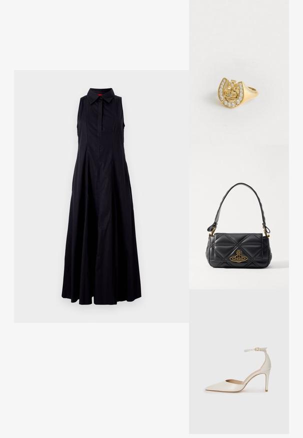 Fekete ujjatlan ruha gallérral, gombos elülső záródással és könnyed, A-vonalú szilhouettel, amely könnyű anyagból készült.; Fehér bőr, magassarkú cipő hegyes orral, bokapánttal és vékony tűs sarkal. Simaszövet, finom fényes felülettel.; Fekete steppelt bőr kézitáska arany logóval. Rövid fogantyúval és strukturált, téglalap alakú kialakítással rendelkezik. Texturált felület.; Arany gyűrű, a belsejében koronával és patkómintával, apró, tiszta drágakövekkel díszítve, fehér háttér előtt.