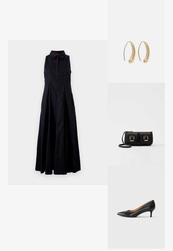 Czarna sukienka bez rękawów z kołnierzykiem, zapięciem na guziki z przodu oraz zwiewnym fasonem w kształcie litery A, wykonana z lekkiego materiału.; Czarne skórzane szpilki z wąskim noskiem, niskim obcasem i gładką fakturą. Posiadają lekko otwarte przody i minimalne okucia z tyłu.; Czarna skórzana torba na ramię z dwoma przednimi kieszeniami, złotymi klamrami, zamkiem błyskawicznym i cienkim paskiem. Teksturowana powierzchnia i kompaktowy prostokątny kształt.; Złote metalowe kolczyki w kształcie obręczy o zakrzywionym, wydłużonym kształcie. Posiadają gładką, błyszczącą powierzchnię oraz zaokrąglony koniec dla dodatkowego efektu.