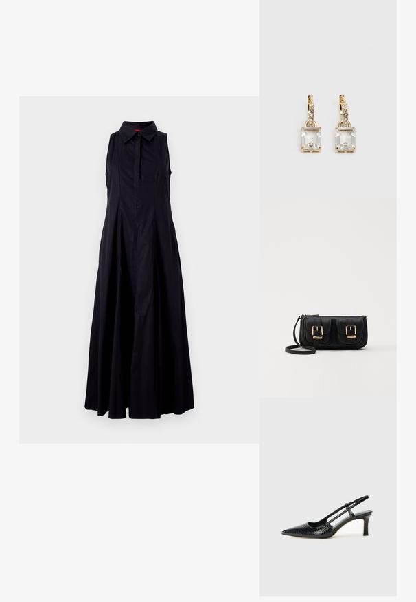 Svart ermeløs kjole med krage, knappefront og en flytende A-linje silhuett laget av lett stoff.; Sorte patent slingback hæl med spids tå, featuring tekstureret slangeskind, justerbar rem og en kort, tekstureret blokhæl.; Svart skinn crossbody veske med to frontlommer, gyldne spenner, glidelåslukking og en slank stropp. Teksturert overflate og kompakt rektangulær form.; Gullfargede øreringer med en rektangulær, klar krystall som henger under en rad av små, runde klare akenter. Elegante, moderne design.