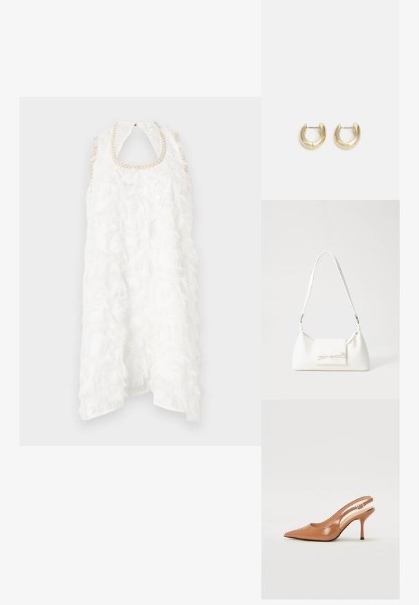 Biele bezrukávové šaty s viacvrstvovou fringingovou textúrou a výstrihom zdobeným perlovými akcentmi. Dizajn s odhaleným chrbtom. Ľahký materiál.; Sandal s úzkym podpätkom a špicatou špičkou v hladkej lesklej hnedej materiáli. Obsahuje zakrivený výrez a štíhly ihlový podpätok. Strieborný prackový detail.; Biela syntetická kabelka s trojuholníkovým tvarom, plochým predným klapkou a detailom mašle, nastaviteľným popruhom, hladkou textúrou a minimalistickým dizajnom.; Zlaté kruhové náušnice s hladkým, lesklým povrchom. S polkruhovým tvarom a bezpečným zapínaním na kolík.