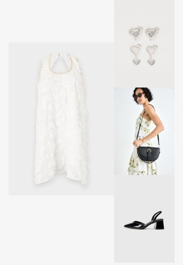 Hvit ermeløs kjole med lagdelt frynsetekstur og perledekorert halslinning. Åpen ryggdesign. Lett materiale.; Svarte patentlær slingback hæler med spiss tå og geometrisk blokk hæl. Har et stilrent, minimalistisk design og jevn tekstur.; Svart lærveske med en buet form, avtagbar stropp og gullbeslag. Vesken har et klaff med spenne-detall.; Sølv hjerteformede øredobber har fasetterte klare steiner med en teksturert ramme. Sett inkluderer både stud- og hengende stiler.