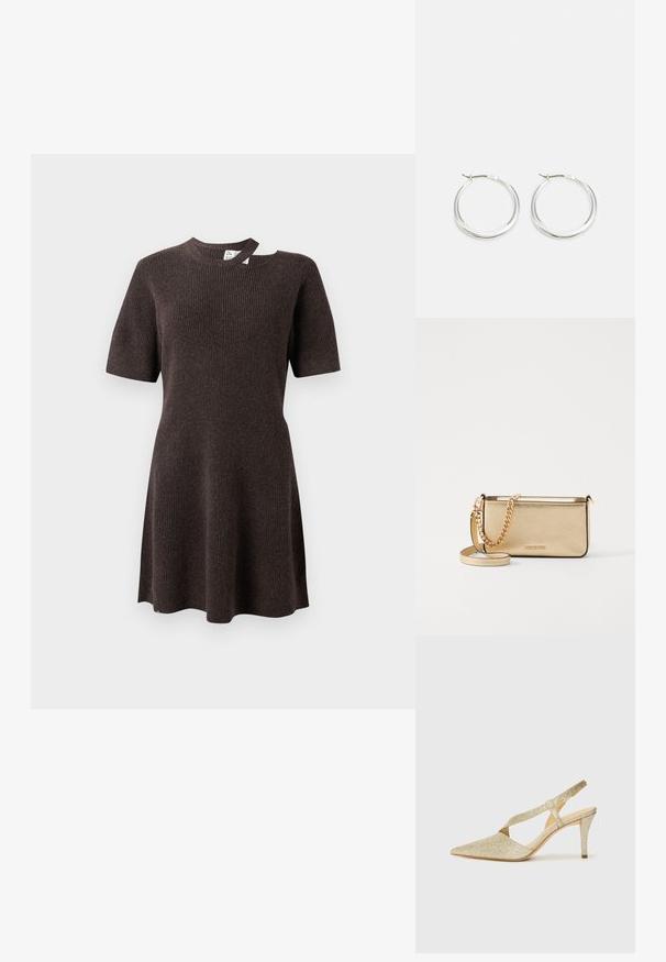 Tumepruun ribane kleit lühikeste varrukatega, ümarate kaelustega ja ainulaadse avatud detailiga õlas. Pehme, tekstuurne kude.; Sädelevad kuldsed slingback kontsad terava ninaga, õhukese pahkluu rihmaga ja kitsa kandaga. Pinna peal on tekstuuriga metalliline viimistlus.; Metalliseeritud kullast nahkklamber, millel on tekstiilfiniš, kuldne ketstrap ja eemaldatav õlavarre rihm. Brändi logo on sisse pressitud.; Hõbedased rõngasnõelad on sujuva ja ümara kujundusega, õhukese profiiliga ning kindla lukuga. Minimalistlik stiil ja läikiv viimistlus.