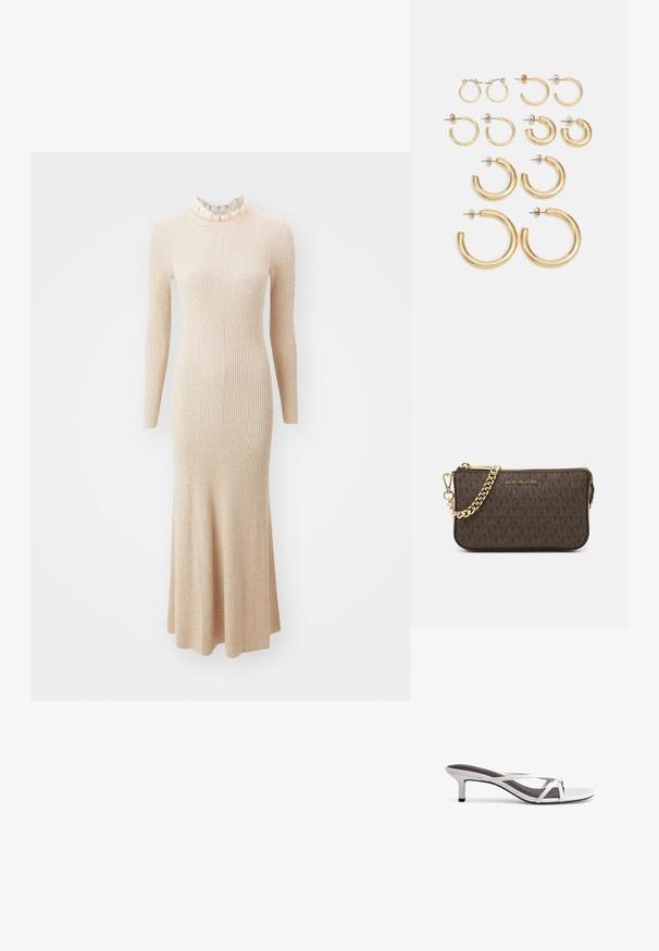 sandro Maksi suknelė - beige; Sidabriniai sandalai su kryžminiu dirželiu, lygiu paviršiumi ir smailiu pirštu. Kulno aukštis yra maždaug du coliai.; Ruda odinė per petį nešiojama rankinė su logotipu, auksinės spalvos grandinėlė, užtrauktuko uždarymas ir auksinės spalvos detalės. Kompaktiška ir stačiakampio formos.; Aukso didelių ir mažų auskarų rinkinys, pasižymintis įvairiomis dydžio ir dizaino variacijomis, įskaitant mažus, vidutinius ir didelius stilius, su lygiu metaliniu paviršiumi.