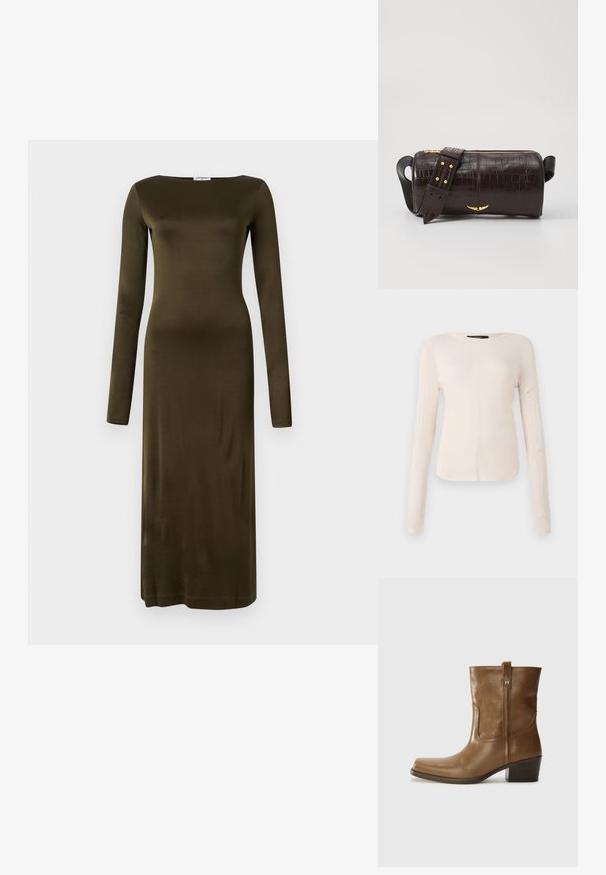 Ilgomis rankovėmis suknelė, pagaminta iš lygios alyvuogių spalvos medžiagos, turinti tiesią siluetą ir laivagalio iškirptę. Minimalistinis dizainas, be raštų.; Ilgesnių rankovių, šviesiai bežinis viršus su apvaliu iškirpimu. Pagamintas iš minkštos medžiagos, turi centrinę siūlę ir šiek tiek kreivą apatinių kraštų liniją. Matomų detalių nėra.; Rudų odinių batų iki kulkšnies su kvadratiniu pirštu, tekstūruotu paviršiumi ir žemu sluoksniuota pakulne. Yra užpakalinis kilpas ir subtilūs siuvinėjimo detalės.; Ruda krokodilo odspaudo odinė rankinė cilindro formos, su auksinėmis detalėmis ir nuimamu dirželiu, papuoštu studelėmis.