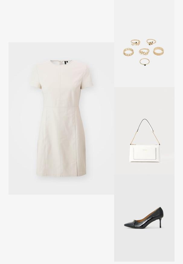 Cream-colored short-sleeve dress with a round neckline, seams running vertically, and a subtle side slit for added detail.; Black patent leather high-heeled shoe with a pointed toe, decorative strap detail at the front, and a thin stiletto heel.; White leather handbag with a textured finish, featuring a gold chain strap and black accents. Includes a front pocket and zipper closure.; Set of six gold rings featuring various designs: braided, leaf motifs, and solid bands; some with green gemstone accents.