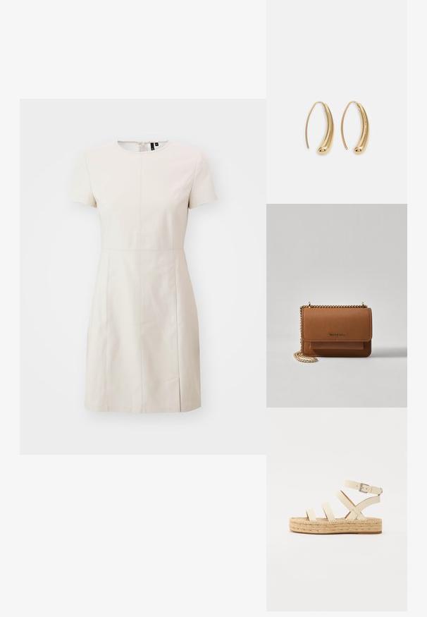 Krém színű, rövid ujjú ruha kerek nyakkivágással, függőleges varratokkal és diszkrét oldalsó hasítékkal a további részletért.; Bézs színű bőr szandál keresztpántokkal, csattos díszítéssel és juta talppal. A dizájn vastag szövött mintázatot és lapos talpat tartalmaz.; Barna textúrájú bőr keresztbody táska arany lánc pánttal és fedélzárral. Az elején logó részlet és egy zseb található a fedél alatt.; Aranyszínű fémből készült karika fülbevalók ívelt, hosszúkás formával. Simaságával és fényes felületével, valamint lekerekített végével további részletekkel bővül.