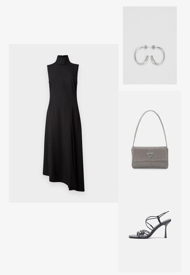 Crna haljina bez rukava s visokim ovratnikom, koja ima glatku teksturu i asimetričnu donju obrubu koja je duža s jedne strane.; Crne sandale na visokoj potpetici imaju tanke trake s čvorastim dizajnom, glatki kvadratni vrh i elegantnu stiletto petu.; Svijetlosivi metalik ruksač s lancem, ukrašen malim okruglim metalnim zakovicama i trokutastim logotipom marke.; Srebro naušnice u obliku prstena s glatkom, sjajnom završnom obradom. Zaobljenog oblika, laganog dizajna, s kopčom na poleđini.