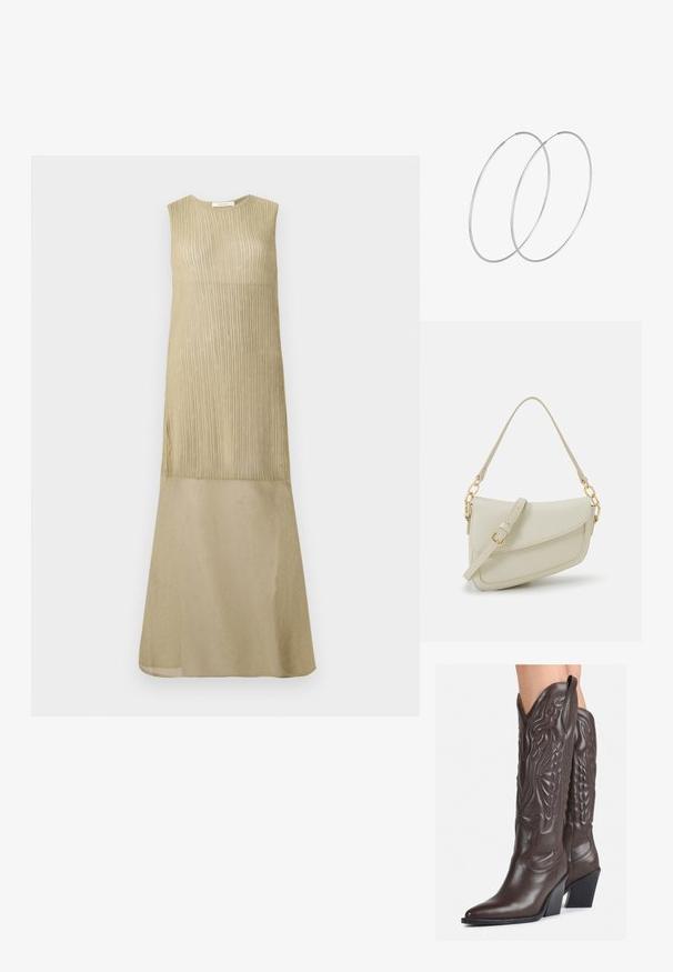 Varrukatta pikk Kleid hele oliivrohelises värvitoonis, mille ülaservas on vertikaalne ribakangastekstuur ja seelikuosas sujuv, heledam kangas.; Pruunid nahast cowboy saapad terava varbaga ja plokk-kandaga, millel on detailne tikand ja kergelt tõstetud aktsendid varrel.; Väike kreemjas käekott tekstureeritud viimistlusega, pikendatav rihm, ketiläbimõõt ja klapiga sulgemine. Kuldsed metalldetailid.; Hõbedased rõngastikkaehingad minimalistlikus disainis. Ümar kuju, sile tekstuur ja õhuke profiil. Kerged ning poleeritud viimistlusega.
