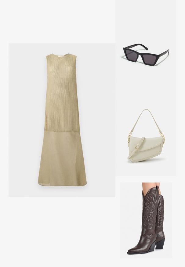 Bez piedurknēm gara kleita gaiši olīvu zaļā krāsā ar vertikālām ribām augšējā daļā un gludu, gaišāku audumu svārku daļā.; Brūni ādas kovboju zābaki ar norādītu purngalu un blokveida papēdi, ar detalizētu šūšanu un paceltiem akcentiem uz kājas daļas.; Melni, stūrveida saulesbrilles ar pelēkiem objektīviem; izgatavotas no plastmasas, ar biezām kājām, kam ir gluda virsma un nav redzamu stiprinājumu.; Maza krēmkrāsas rokas soma ar teksturētu apdari, garu regulējamu siksniņu, ķēdes akcentu un vāciņa aizdari. Zelta aparatūras detaļas.