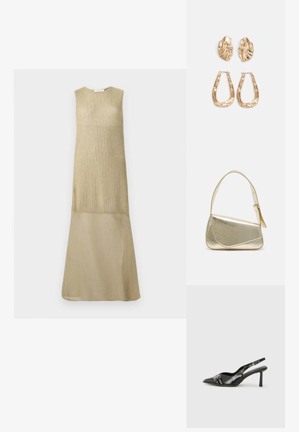 Bežiržė suknelė be rankovių, šviesiai alyvuogių spalvos, viršutinėje dalyje su vertikaliu raštu, o sijono dalyje - lygaus, šviesesnio audinio.; Juodas lakuotas odinis batelis su smailiu pirštu, kulkšnies dirželiais su sidabrinėmis sagtimis ir detalėmis, bei plonu kulnu.; Aukso metalinės rankinės su struktūrizuotu dizainu, lygaus paviršiaus ir reguliuojama dirželiu. Pasižymi unikaliu trikampiu pavidalu ir minimalizmu siuvinėjime.; Auksinės auskarai, turintys tekstūruotus, bangų formos elementus. Įeina skulptūriniai segami auskarai ir atviri lankai su išmuštu paviršiumi.