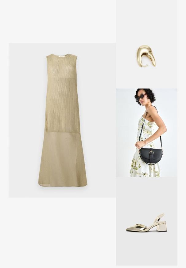 Varrukatta pikk Kleid hele oliivrohelises värvitoonis, mille ülaservas on vertikaalne ribakangastekstuur ja seelikuosas sujuv, heledam kangas.; Kuldne, metallilised slingback-kudumid terava varba ja paksu kontsaga. Sile tekstuur, minimalistlik disain ja kitsas rihm.; Mustmust mustraha kõverate joontega, eemaldatava rihmaga ja kuldsete detailidega. Kotil on klapp, millel on pandladetail.; Kuldtooni metallist kõrvarõngas, millel on elegantne ja kaarjas disain. Omab silmapaistvat teravat kuju, poleeritud pinda ja hingesulgemist.