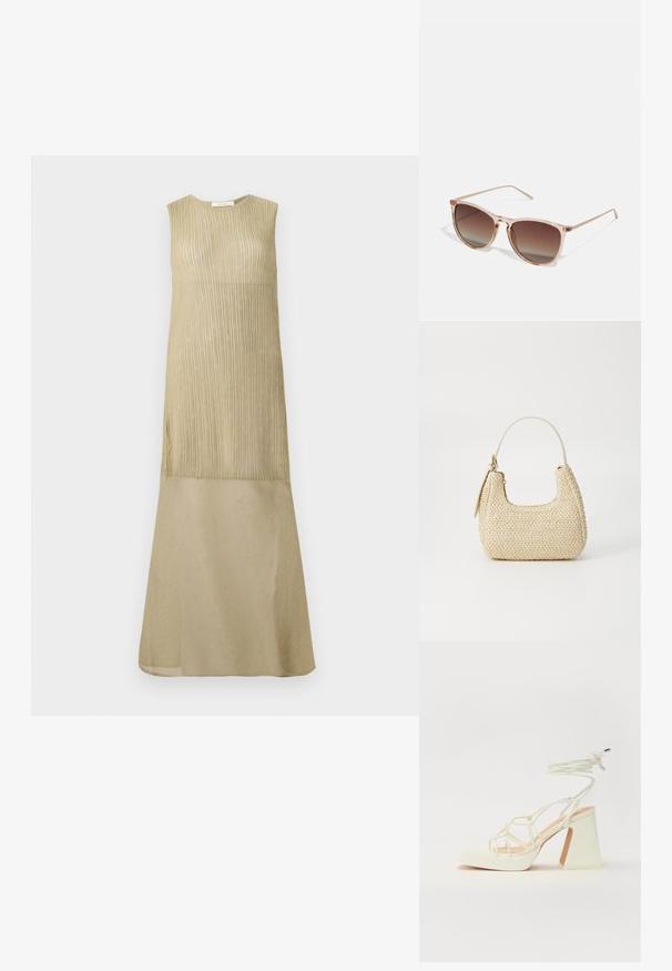 Bezramenné dlouhé šaty v světle olivově zelené barvě s vertikálním žebrováním v horní části a hladkým, světlejším materiálem pro část sukně.; Bílé sandály na vysokém podpatku s robustním podpatkem, s designem s pásky a zavazováním kolem kotníku. Hladký povrch s platformou vpředu pro zvýšení výšky.; Hnědé sluneční brýle s gradientem, s průhledným růžovým rámem, čtvercovým tvarem a tenkými kovovými nohami. Charakterizovány zaoblenými hranami a minimálním zdobením.; Tkaná slámová kabelka v béžové barvě s zakřiveným tvarem, krátkým držadlem a bočním zipem. Vyznačuje se texturovaným povrchem a minimalistickým designem.