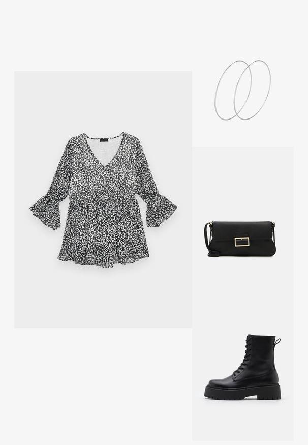 Sort og hvid mønstret bluse med V-udskæring, lange klokkeærmer og snøret talje. Let, gennemsigtigt materiale med en flydende silhuet.; Sorte læder ankelstøvler med rund tå, snørebånd foran og en tyk gummisål med struktureret slidbane. Hæfteløkke bagpå.; Sort læder clutchtaske med klap og detaljer i guldmetallisk spænde. Inkluderer en sort rem og et slankt, minimalistisk design.; Sølvøreringe med et minimalistisk design. Cirkulær form, glat tekstur og tynd profil. Letvægtige med en poleret overflade.