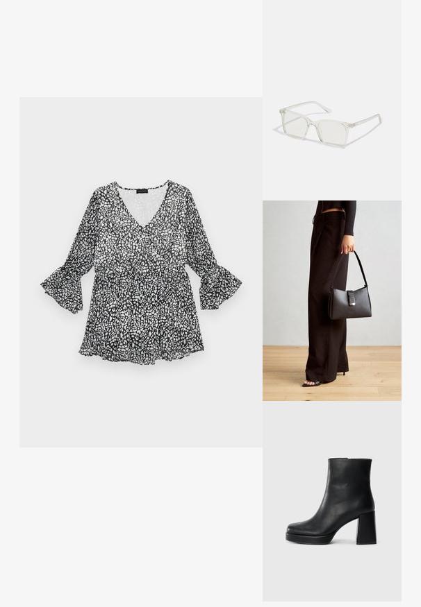 Schwarz-weiße blusartige Bluse mit V-Ausschnitt, langen Glockenärmel und tailliertem Bund. Leichtes, durchscheinendes Material mit fließendem Silhouette.; Schwarze Leder-Stiefelette mit Blockabsatz und Plattformsohle, seitlich auf einem schlichten weißen Hintergrund betrachtet.; Klare, quadratische Kunststoffbrillen mit durchsichtigen Gläsern, die goldene Akzente an den Bügeln für zusätzliche Details aufweisen.; Schwarze Handtasche mit strukturierter Form, glatter Textur und einem metallischen Verschluss. Kombiniert mit weiten schwarzen Hosen und offenen Sandalen auf einem Holzboden.