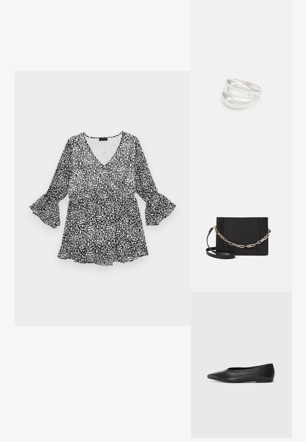 Sort og hvid mønstret bluse med V-udskæring, lange klokkeærmer og snøret talje. Let, gennemsigtigt materiale med en flydende silhuet.; Sort læder balletflade, spidse tæer, minimalistsk design, glat tekstur, lav hæl, ingen synlig hardware eller udsmykninger.; Sort læder crossbody taske med en glat tekstur, rektangulær form og en metallisk kæde detalje foran. Justerbar skulderrem inkluderet.; Sølvring med dobbeltbånd og en glat, poleret overflade. Den har et flydende, buet design med overlappende sektioner for et moderne udtryk.; Sølvring med dobbeltbånd og en glat, poleret overflade. Den har et flydende, buet design med overlappende sektioner for et moderne udtryk.
