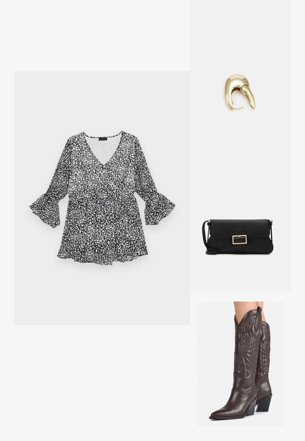 Schwarz-weiße blusartige Bluse mit V-Ausschnitt, langen Glockenärmel und tailliertem Bund. Leichtes, durchscheinendes Material mit fließendem Silhouette.; Braune Leder-Cowboy-Stiefel mit spitzem Punkt und Blockabsatz, die über detaillierte Stickereien und hervorgehobene Akzente am Schaft verfügen.; Schwarze Leder-Clutch mit Klappe und goldfarbenem Metallschnallen-Detail. Enthält einen schwarzen Riemen und ein schlankes, minimalistisches Design.; Ohrringe aus goldfarbenem Metall mit einem schlanken, geschwungenen Design. Sie verfügen über eine markante, spitze Form, eine polierte Oberfläche und einen Scharnierverschluss.
