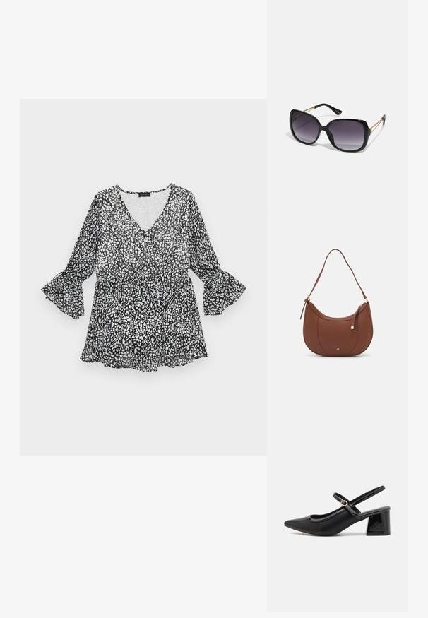 Black and white patterned blouse with a V-neck, long bell sleeves, and a cinched waist. Lightweight, sheer material with a flowing silhouette.; Black patent leather slingback heels with a pointed toe, a rounded cutout design, and a block heel. Features a gold-tone buckle accent.; Black oversized sunglasses with gradient lenses, thick frames, and gold-tone chain detailing on the temple arms.; Brown faux leather shoulder bag with curved shape, minimal stitching, and a gold-tone hardware accent. Features a top zipper closure and adjustable strap.