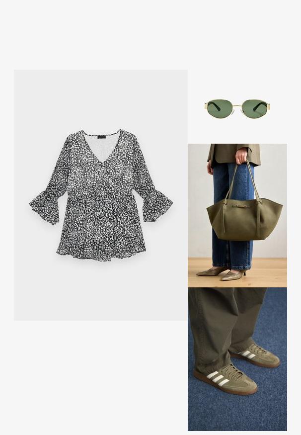 Blouse à motifs noir et blanc avec un décolleté en V, des manches longues évasées et une taille cintrée. Matière légère et transparente avec une silhouette fluide.; Baskets en daim vert avec trois rayures blanches, semelle en caoutchouc marron et lacets texturés, accompagnées de pantalons vert olive sur un tapis bleu.; Lunettes de soleil avec monture en métal doré et verres teintés verts, de forme ovale, avec branches noires et plaquettes de nez transparentes. Design épuré et minimaliste.; Sac fourre-tout vert olive avec double poignées, texture lisse et un accent en métal. Forme arrondie avec des panneaux latéraux ; associé à un pantalon bleu.